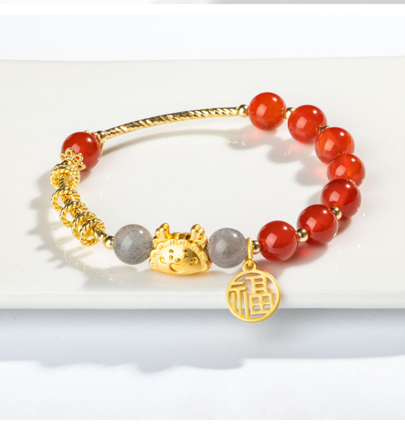 Zodiac Dragon Red Agate and Acacia Beads Bracelet by Planderful - Fortune's Favor Collection