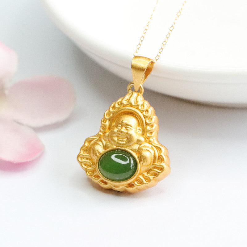 S925 Sterling Silver Hetian Jade Oval Jasper Buddha Necklace Jewelry