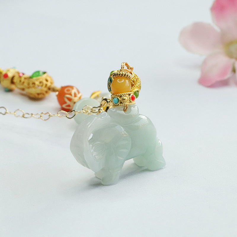 Jade Elephant Blessing Necklace with Sterling Silver Chain