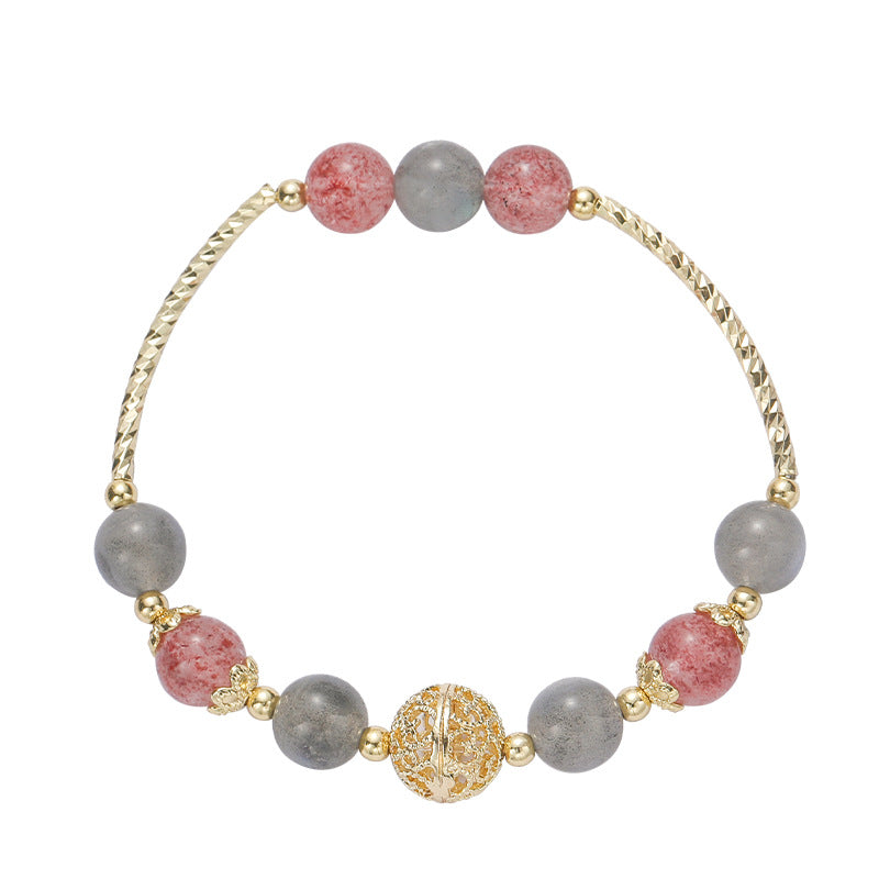 Strawberry Crystal Moonlight Stone Bracelet for Women - Romantic Peach Blossom Hollow Ball Lover's Day Gift