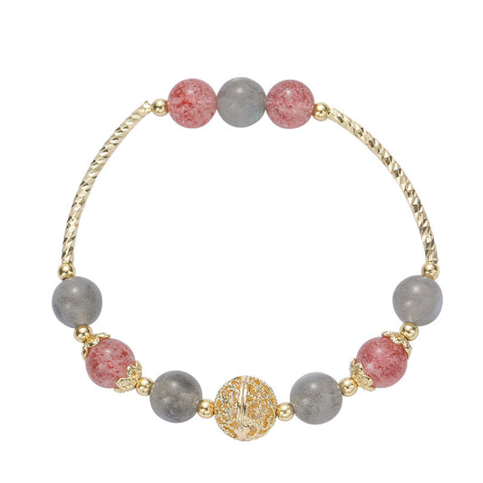 Strawberry Crystal Moonlight Stone Bracelet for Women - Romantic Peach Blossom Hollow Ball Lover's Day Gift