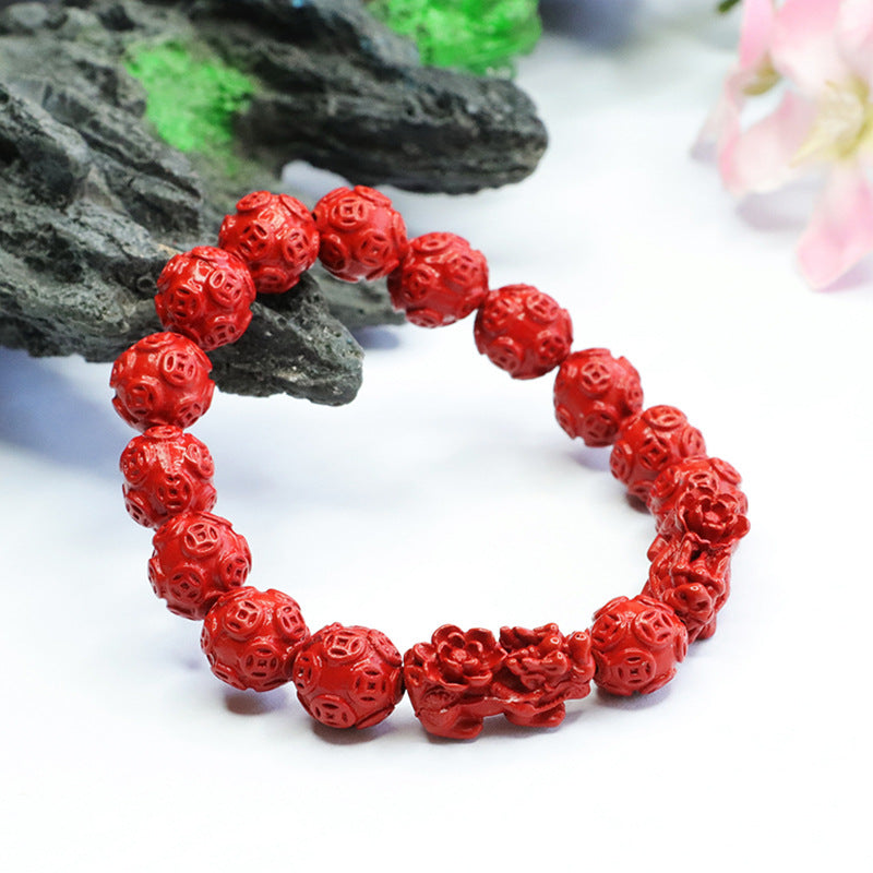 Red Sand and Cinnabar Pixiu Bracelet with Sterling Silver Beads