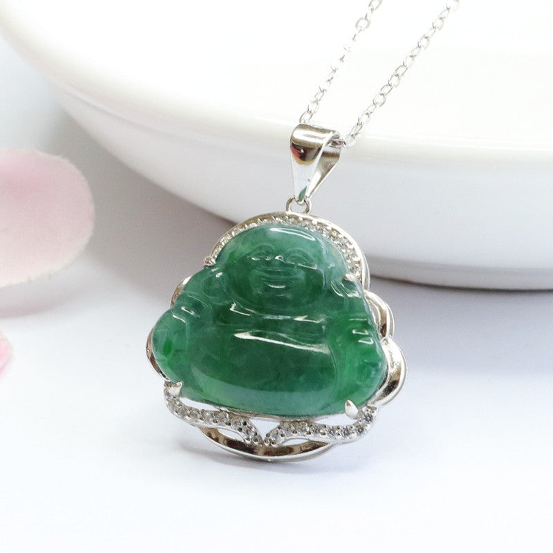 S925 Sterling Silver Jadeite Maitreya Buddha Necklace in Ice Green