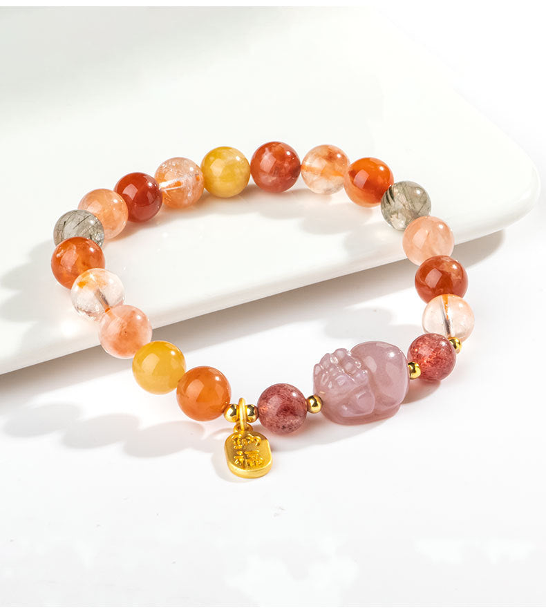 Agate and Crystal Beaded Sterling Silver Bracelet with Fortune's Favor Theme