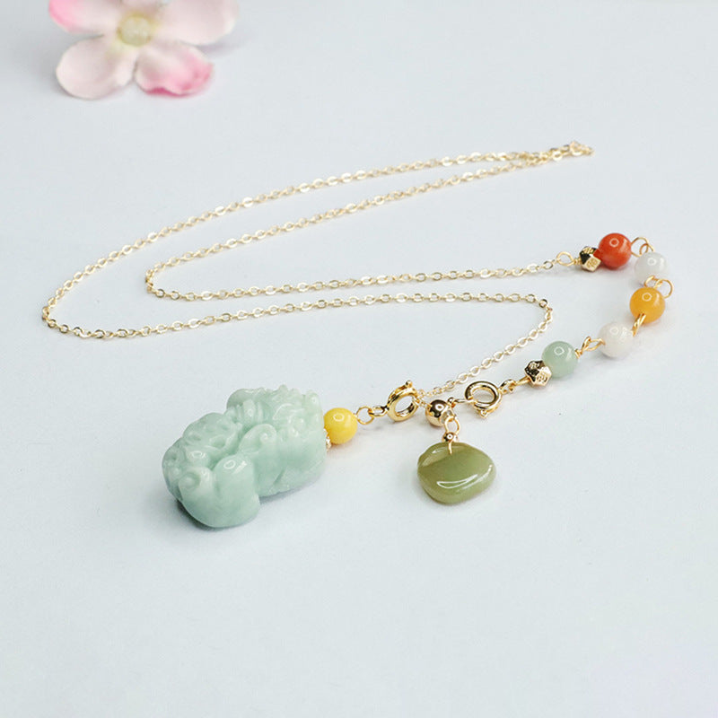 Myanmar A-grade Jade Pixiu Stone Necklace with Sterling Silver Chain