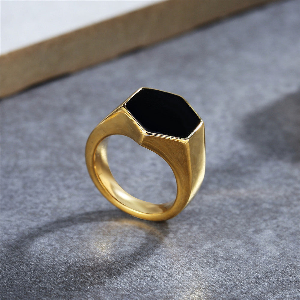 Stylish Stainless Steel Men's Ring with Hexagonal Black Drip Design