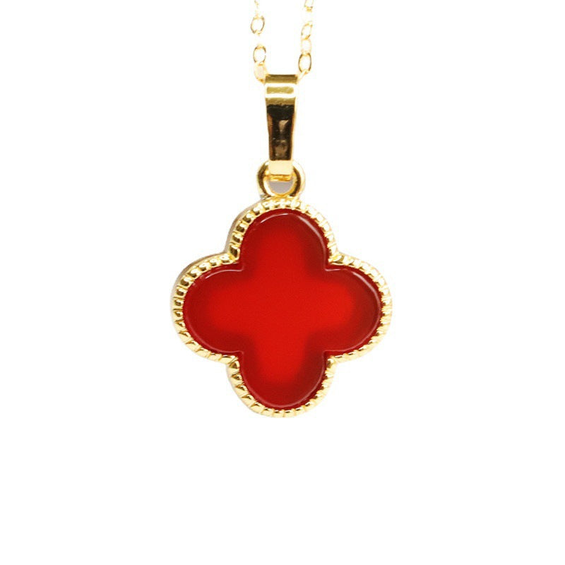 Natural Red Agate Four Leaf Grass Rose Gold Edge Pendant Jewelry