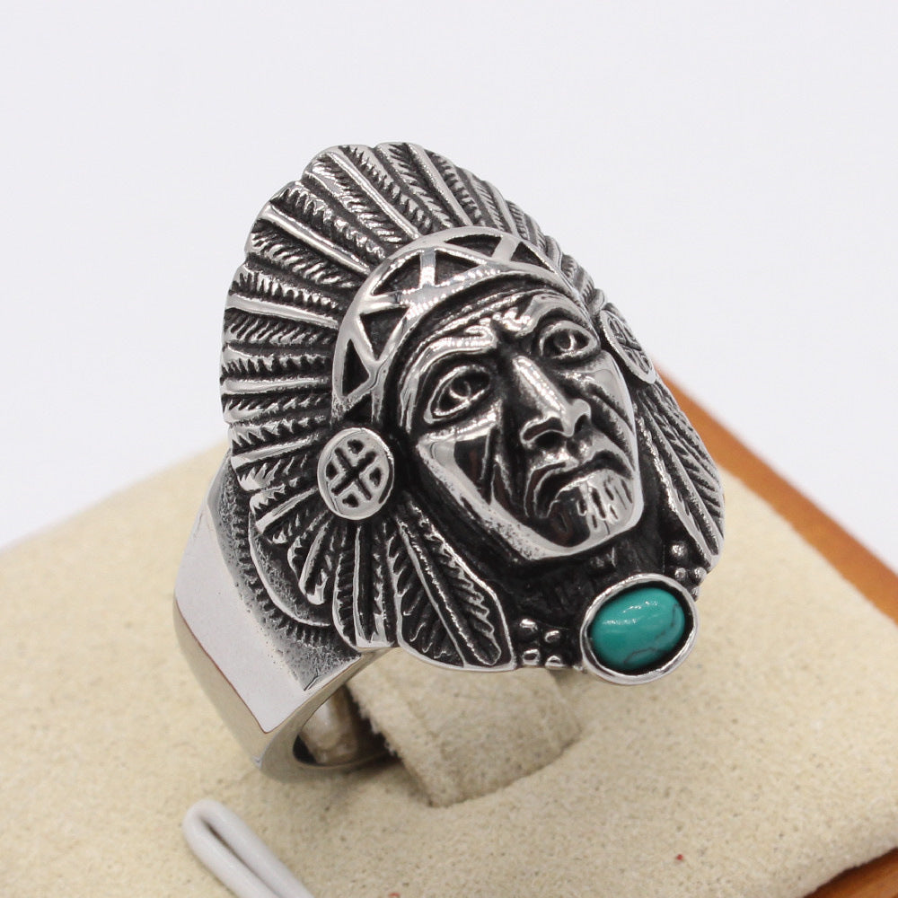 American Indian Chief Green Stone Titanium Steel Ring for Men