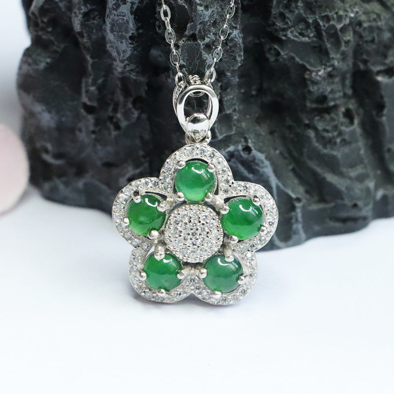 Five Blessings Ice Green Jade Zircon Flower Sterling Silver Necklace