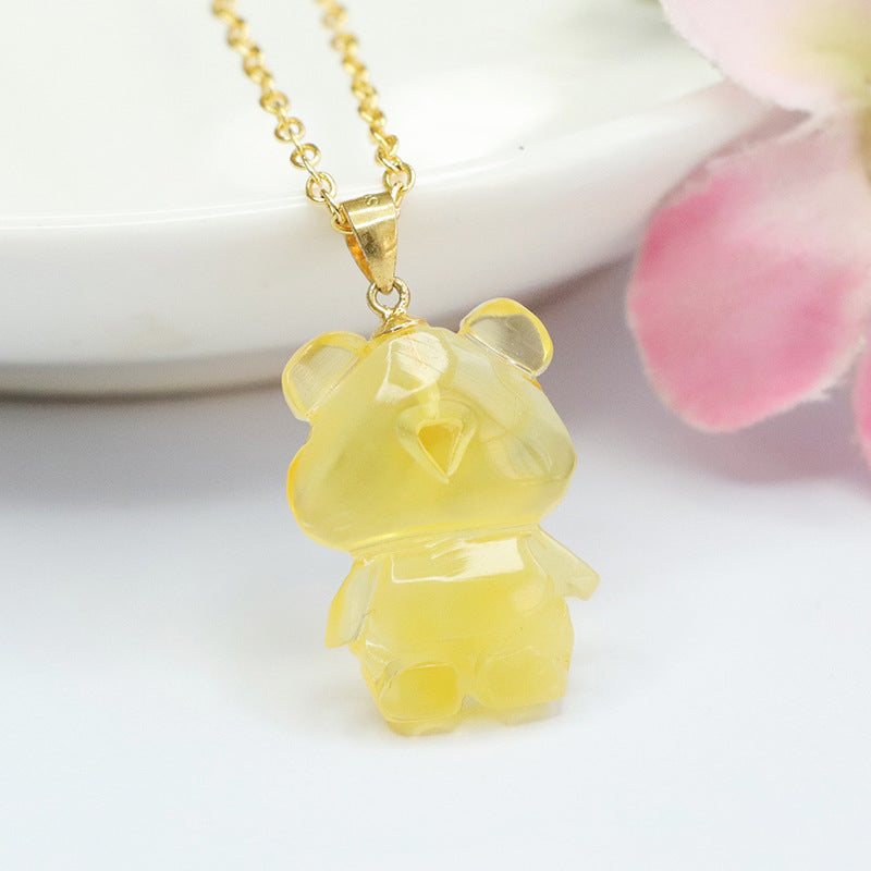 Golden Amber Bear Sterling Silver Necklace