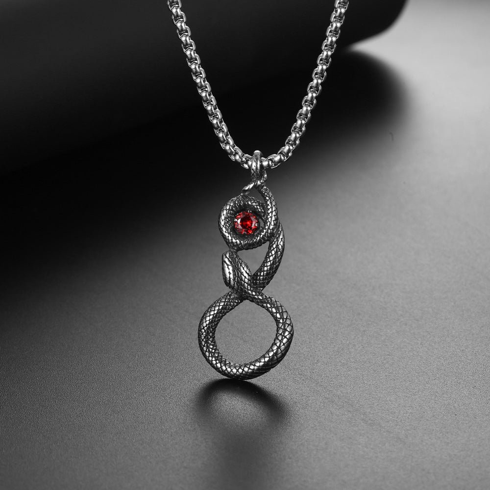 Retro Titanium Steel Snake Eye Necklace with Red Zircon Accent for Men