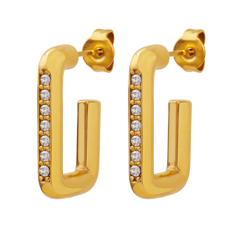 Chic Geometric Earrings with Zircon Accents in Gold-Plated Titanium Steel