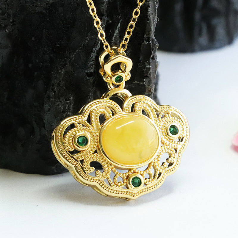 Palatial Style Beeswax Amber and Green Zircon Hollow Ruyi Pendant in Natural Sterling Silver