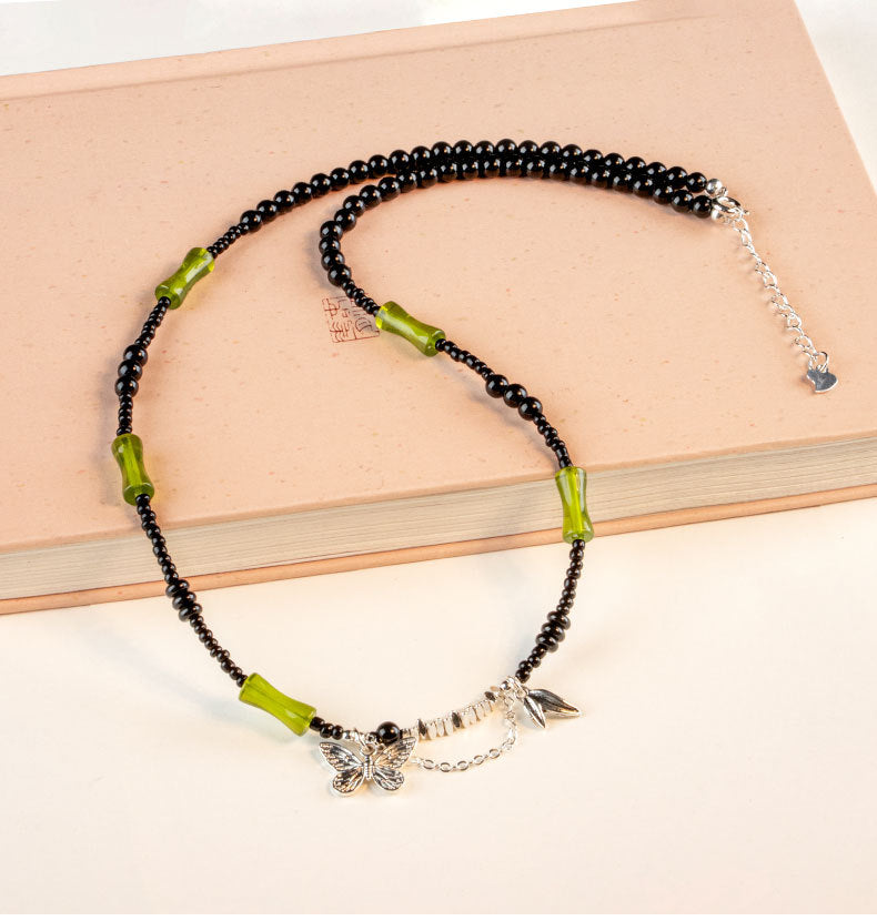 Fortune's Favor Sterling Silver Agate Necklace with Black Onyx and Green Bamboo Leaf Butterfly Pendant