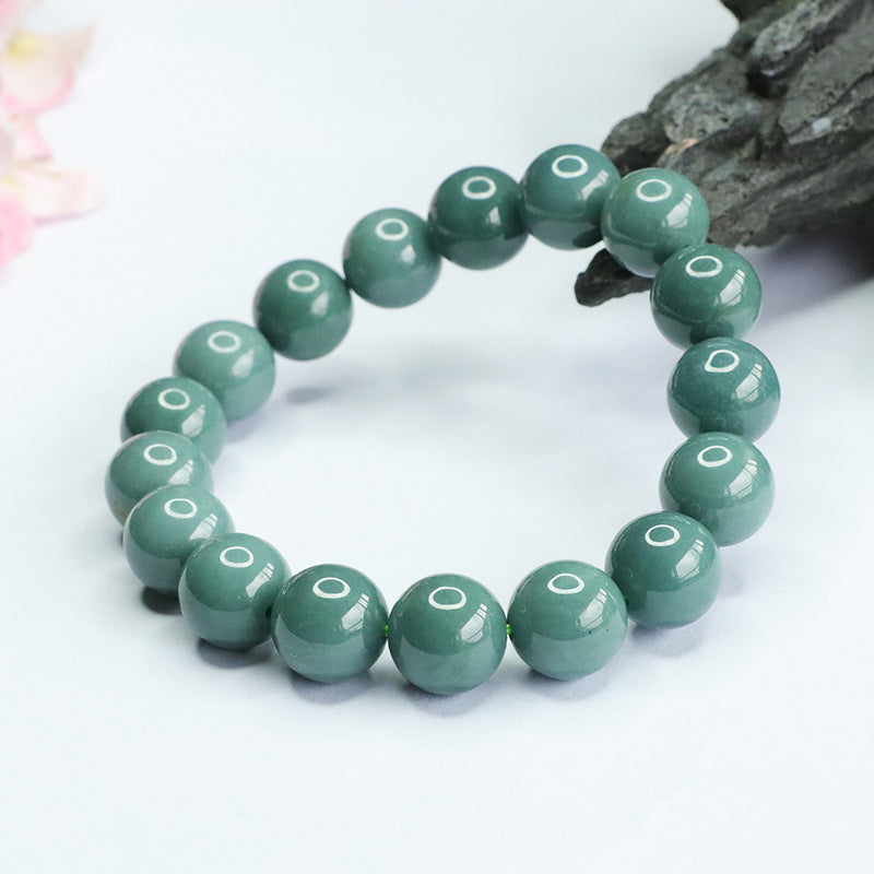 Jade Bracelet with Old Blue Green Beads and Sterling Silver Needle