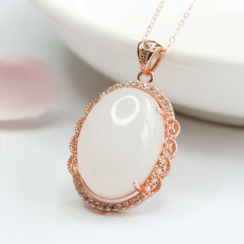 Elegant White Jade Necklace with Silver Pigeon Egg Pendant and Lace Edge