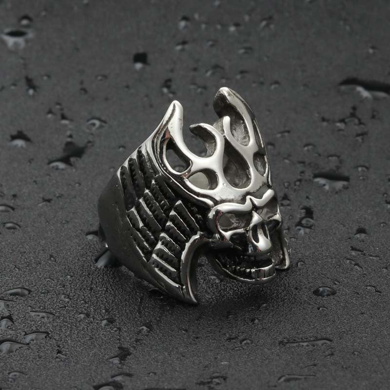 Titanium Steel Punk Wing Ring with Hollow Skull Design for Men - Retro Trendsetter Jewelry