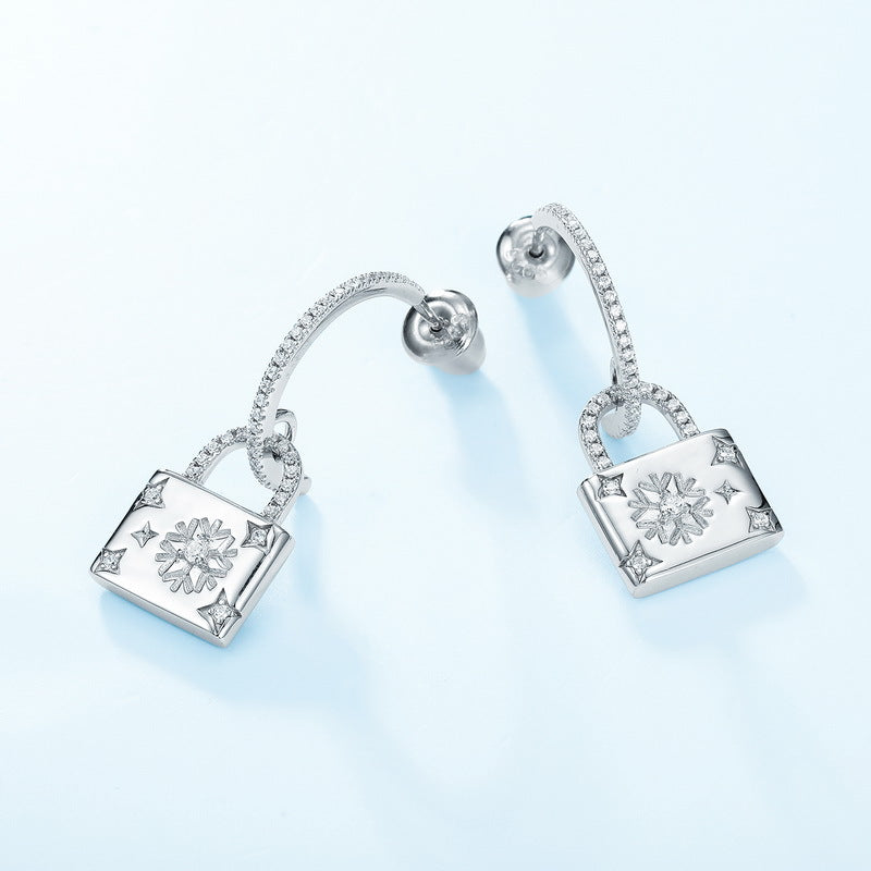 Snowflake Lock Pendant C Shape Zircon Sterling Silver Drop Earrings