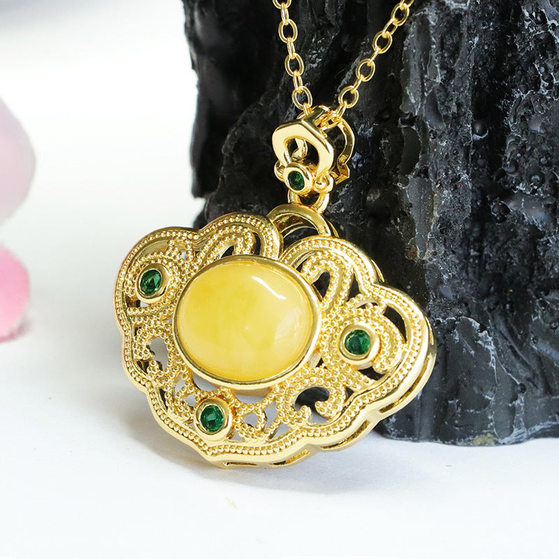 Palatial Style Beeswax Amber and Green Zircon Hollow Ruyi Pendant in Natural Sterling Silver