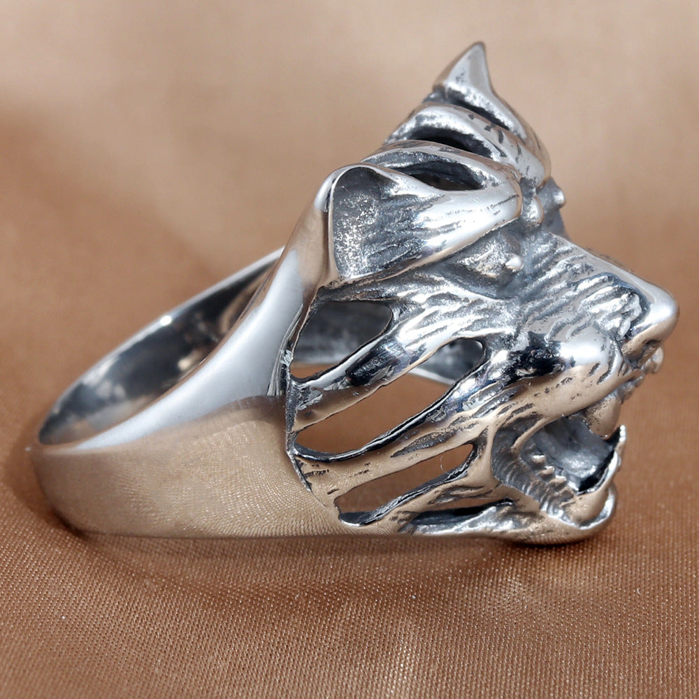 Titanium Steel Hollow Wolf Ring - Retro Trendy Men's Accessory in European and American Style