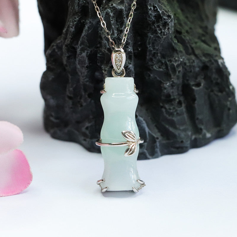 Bamboo Necklace with Natural Jade Pendant in Sterling Silver