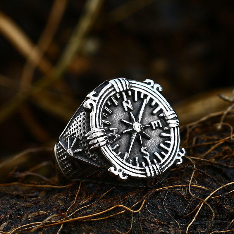 Titanium Steel Navigational Compass Ring for Men - Nautical Inspired Stainless Steel Anchor Design