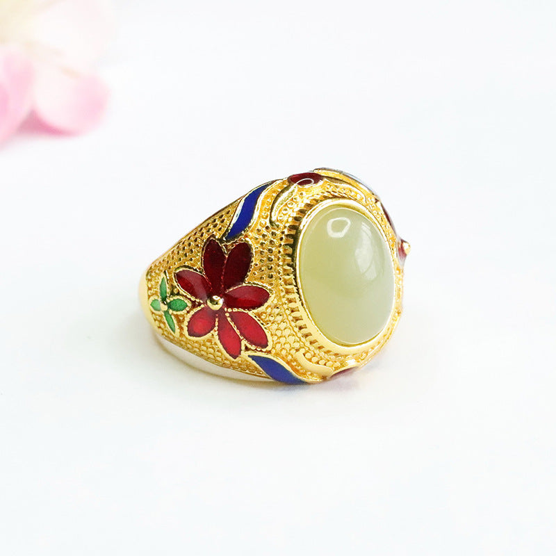 Vintage Floral Pattern Hetian Jade Ring