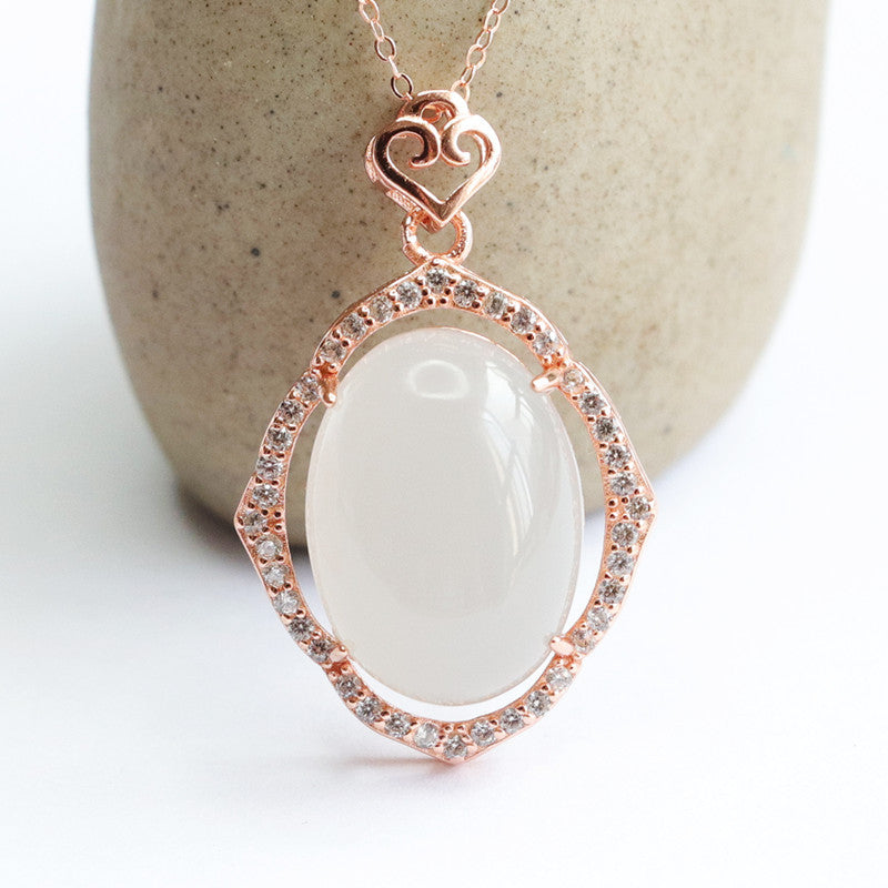 Sterling Silver Necklace with Hetian Jade Pigeon Egg Pendant and Zircon Accent