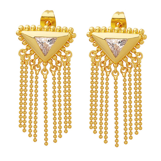 Exquisite Zircon and Brass Triangular Tassel Earrings