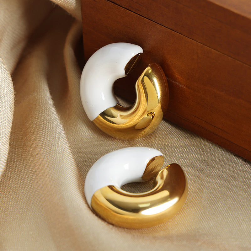 Elegant Titanium Steel Gold-Plated Enamel Round Earrings for Women