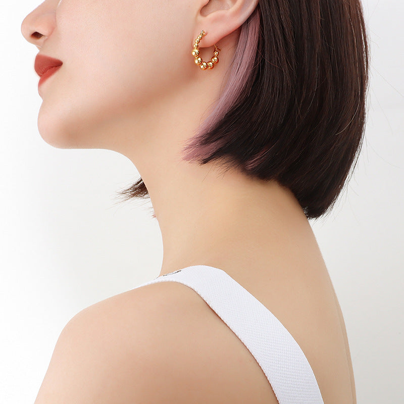 Elegant French-inspired Hong Kong Style Round Bead Earrings - 18K Gold Plated Titanium Steel Jewelry