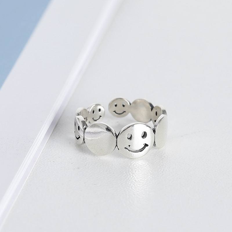 Row of Smiley Face Disc Opening Sterling Silver Ring