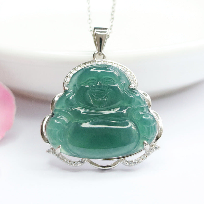 Buddha Necklace with Ice Blue and Green Myanmar Jade