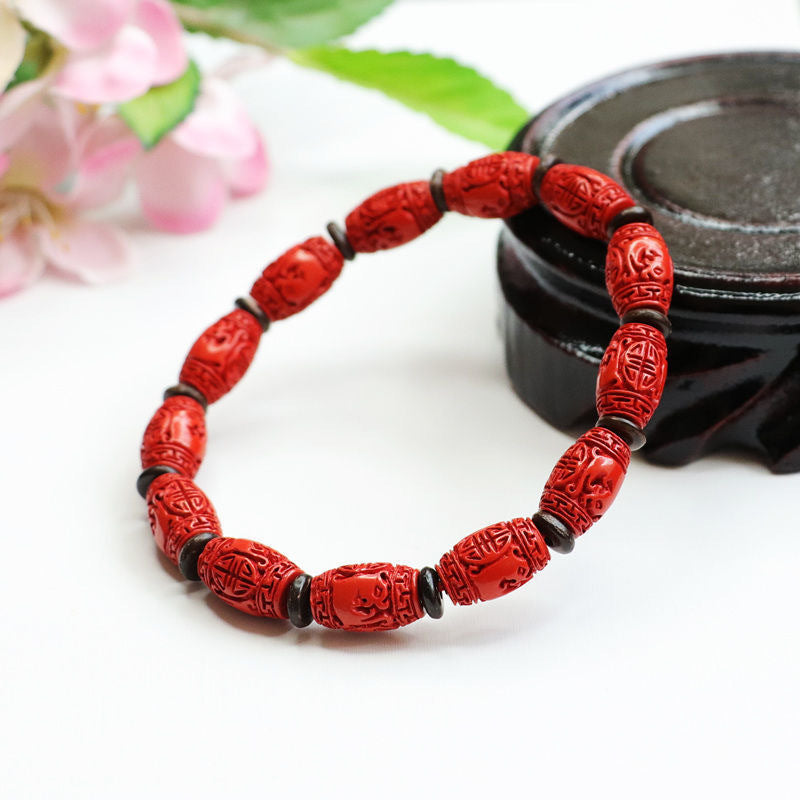 Red Sand Carved Bucket Bead Bracelet with Sterling Silver Needle