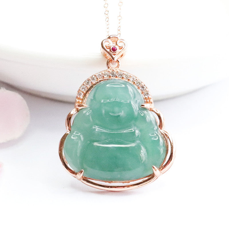 Ice Blue Green Buddha Fortune Necklace with Zircon and Jade in S925 Silver