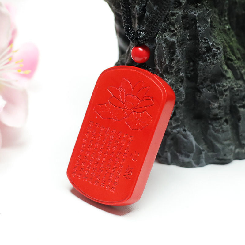 Vibrant Vermilion Heart Sutra Lotus Pendant with Red Sand Accent