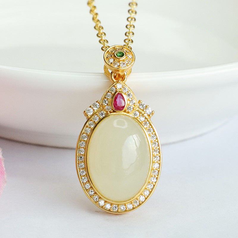 Elegant Sterling Silver Necklace featuring Hetian Jade and Zircon Halo