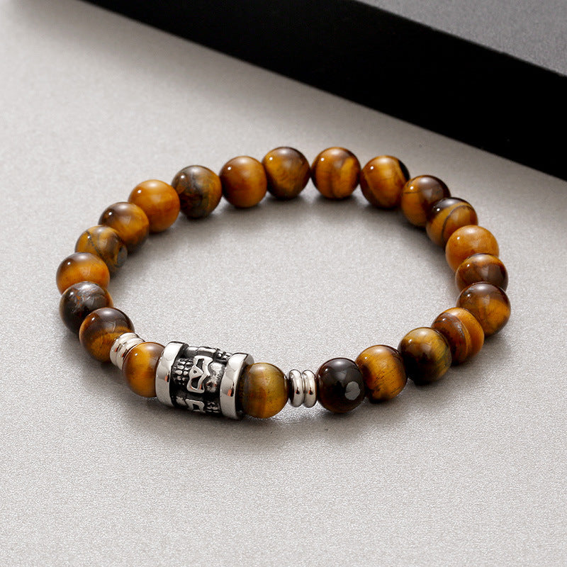 Men's Retro Tiger's Eye Agate Bead Bracelet with Titanium Steel Skull Accents