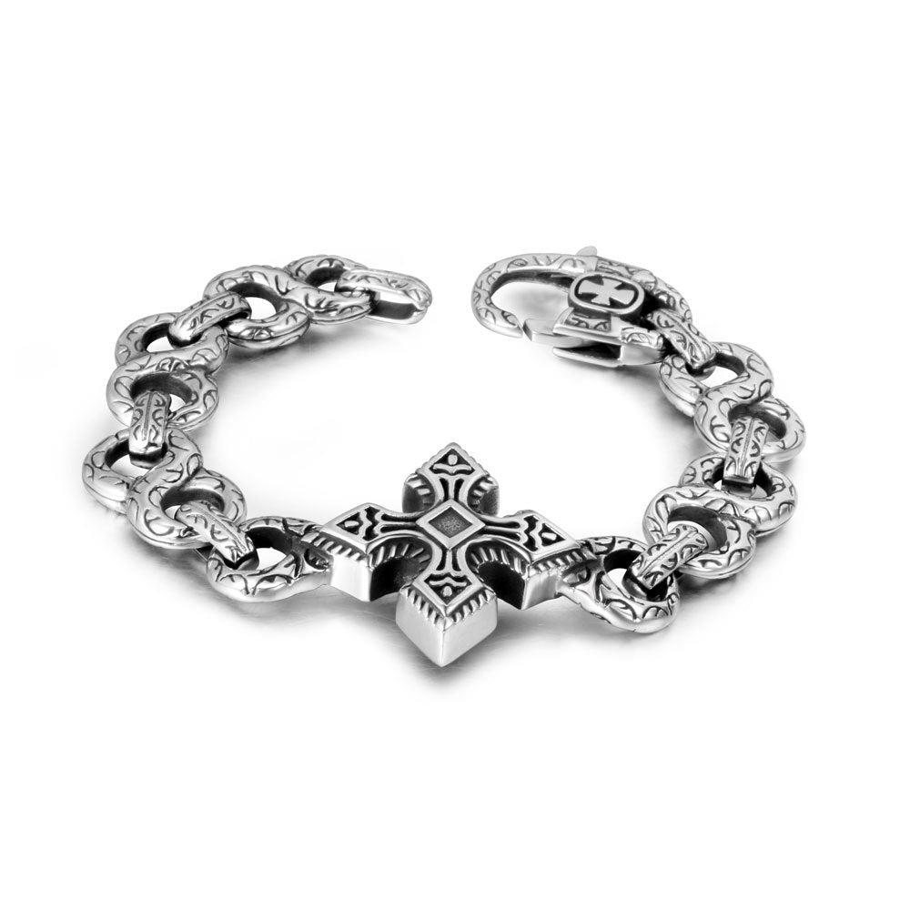 Punk-Inspired 8-Character Titanium Steel Bracelet for Men with Retro Cross Design