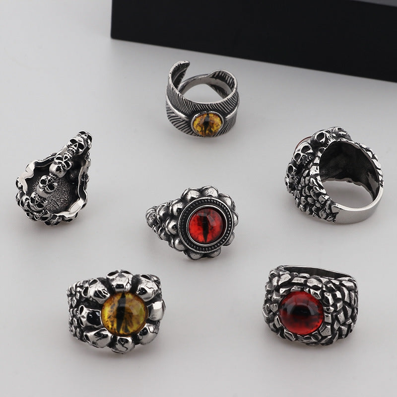 Punk-Style Devil's Eye Ring with Exaggerated Red/Green Design, Skull Feather Titanium Steel for Men