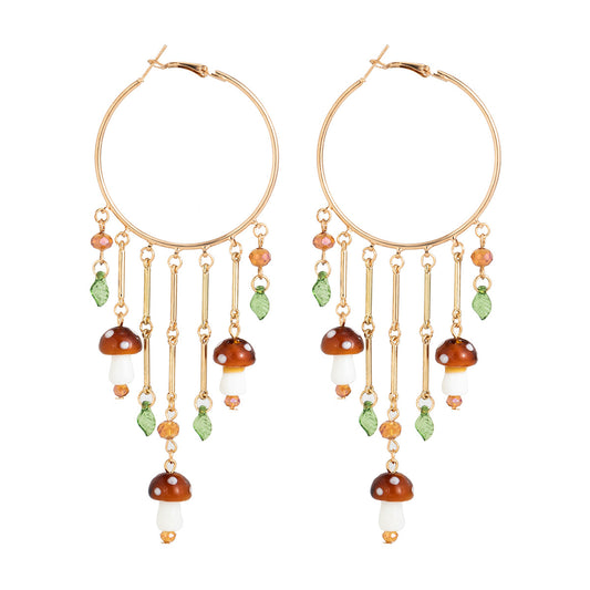 Colorful Mushroom and Leaf Tassel Earrings with Ethnic Handmade Charm