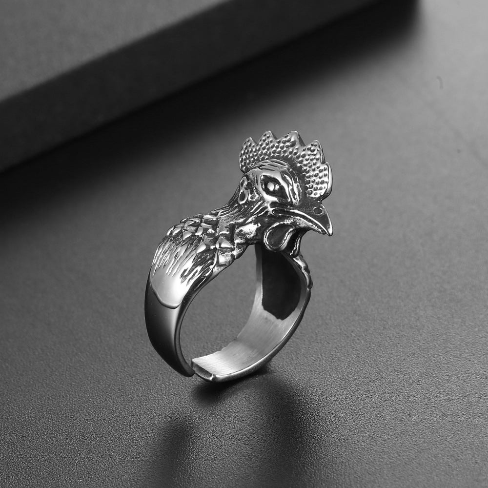 Creative Retro Rooster Ring for Men – Personalized Zodiac Open Ring in Titanium Steel