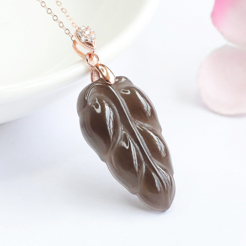 Smoke Purple Leaf Hetian Jade Pendant Necklace with Sterling Silver Charm