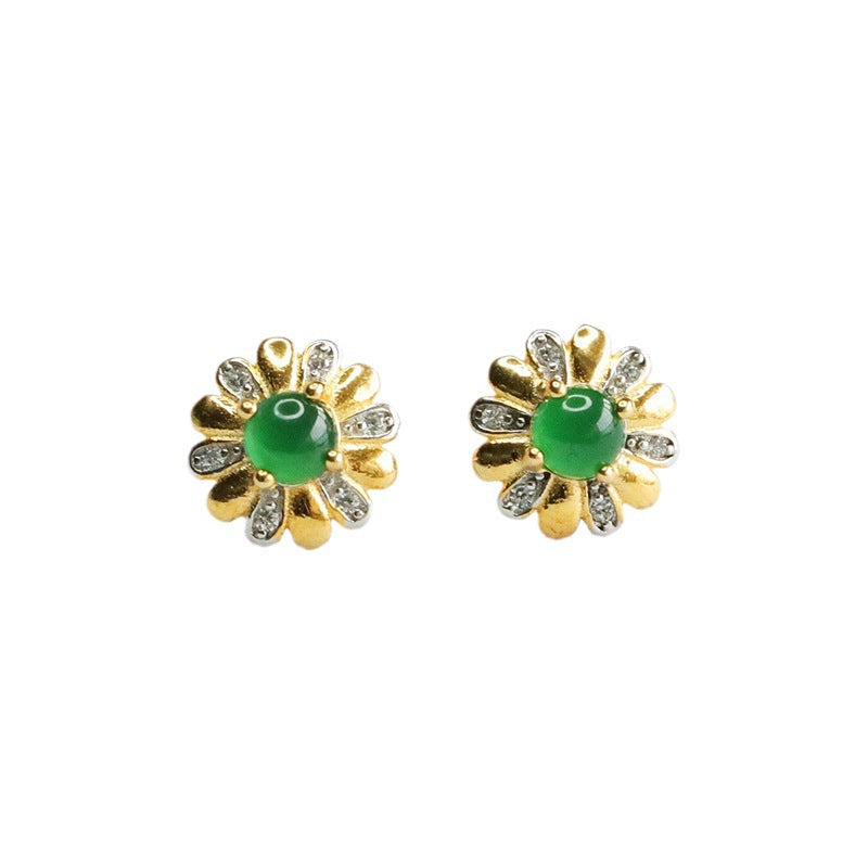 Sterling Silver Jade Flower Stud Earrings