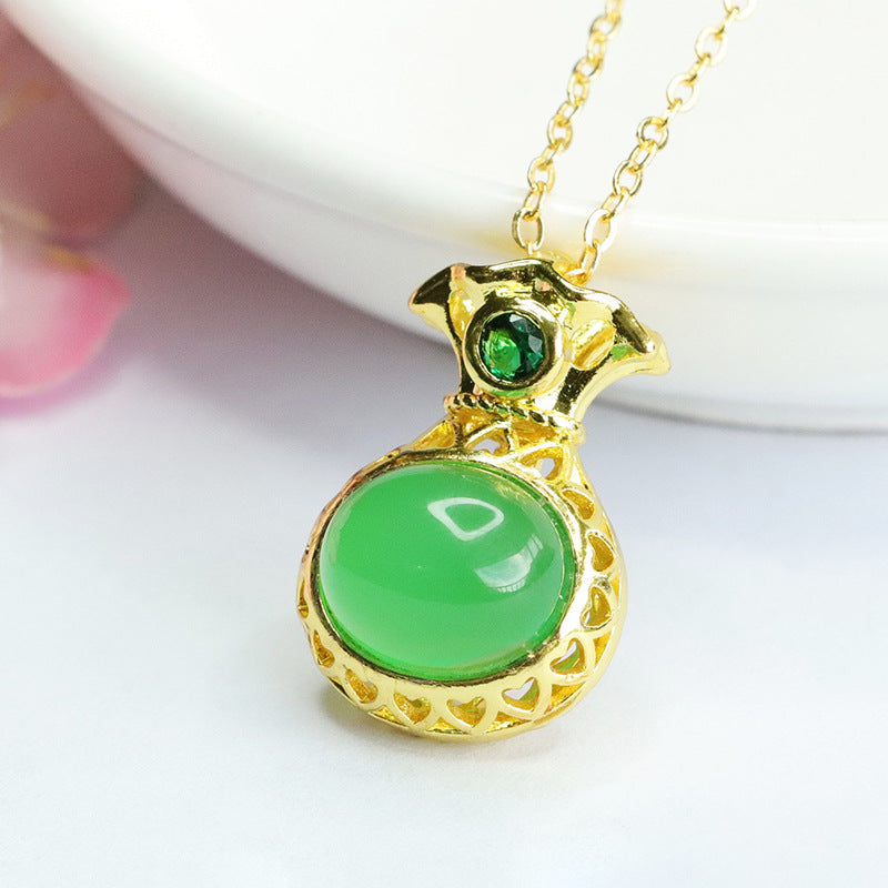 Hollow Money Bag Green Chalcedony Pendant Necklace