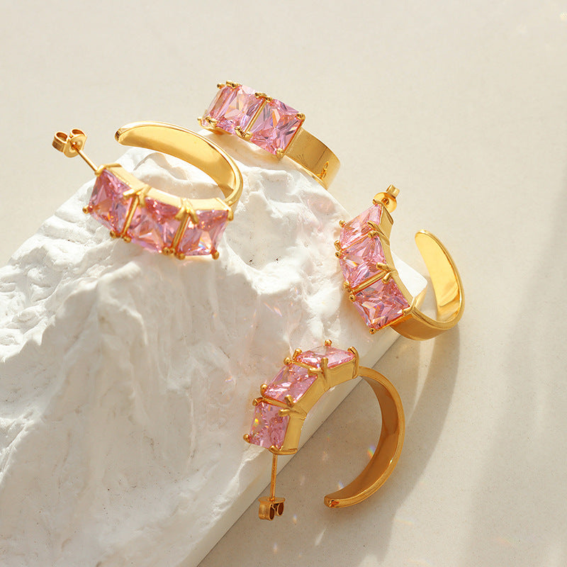 Summer Chic Pink Zircon C-Shaped Earrings with Celebrity Flair