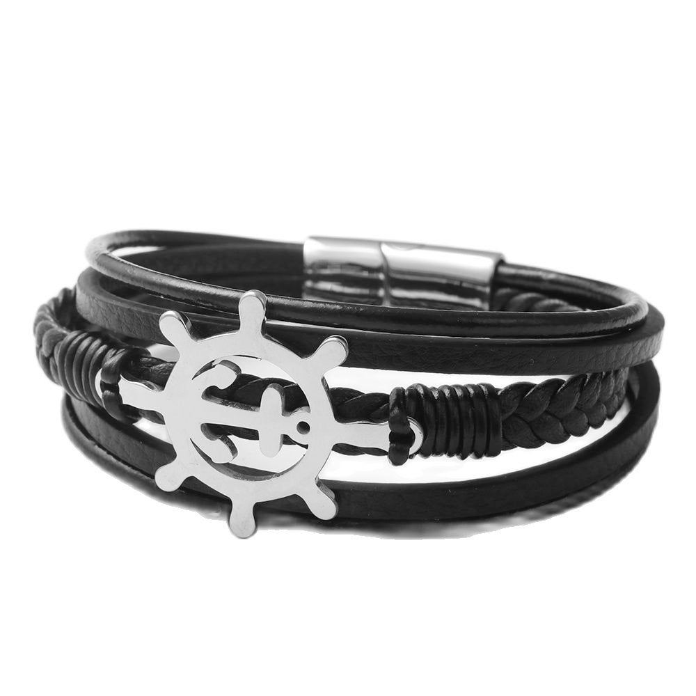 Titanium Steel and Leather Punk Hollow Rudder Bracelet for Men