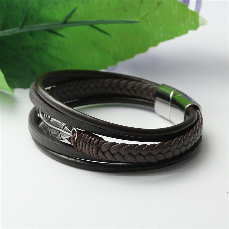 Titanium Steel Winged Punk Leather Bracelet for Men - Personalized Woven Design