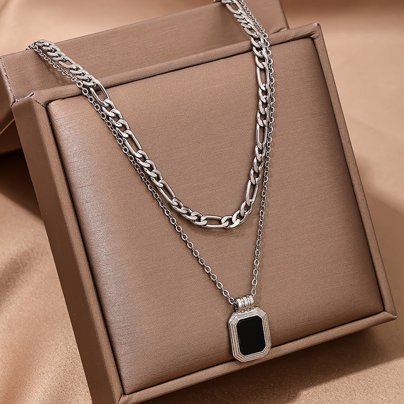 Chic Black Square Chain Necklace with Double-Layer Design