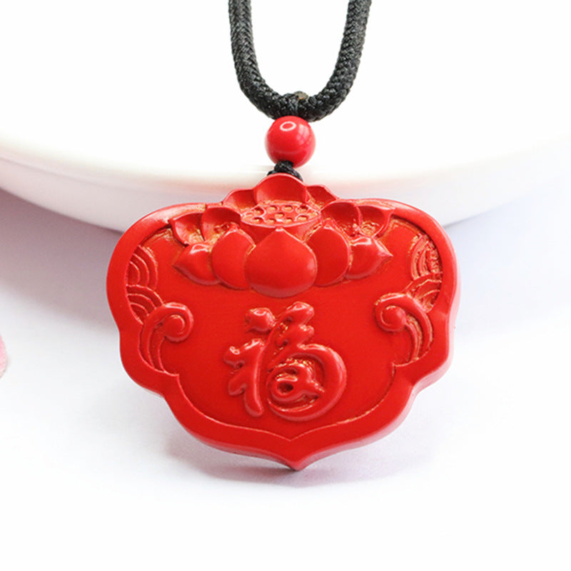 Red Sand Cinnabar Lotus Ruyi Sterling Silver Pendant